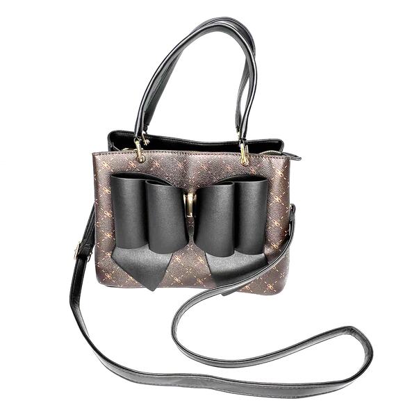 Crossi Black & Brown Bow Bag Textured Faux Leather Purse Designer Satchel Bag - Picture 1 of 12